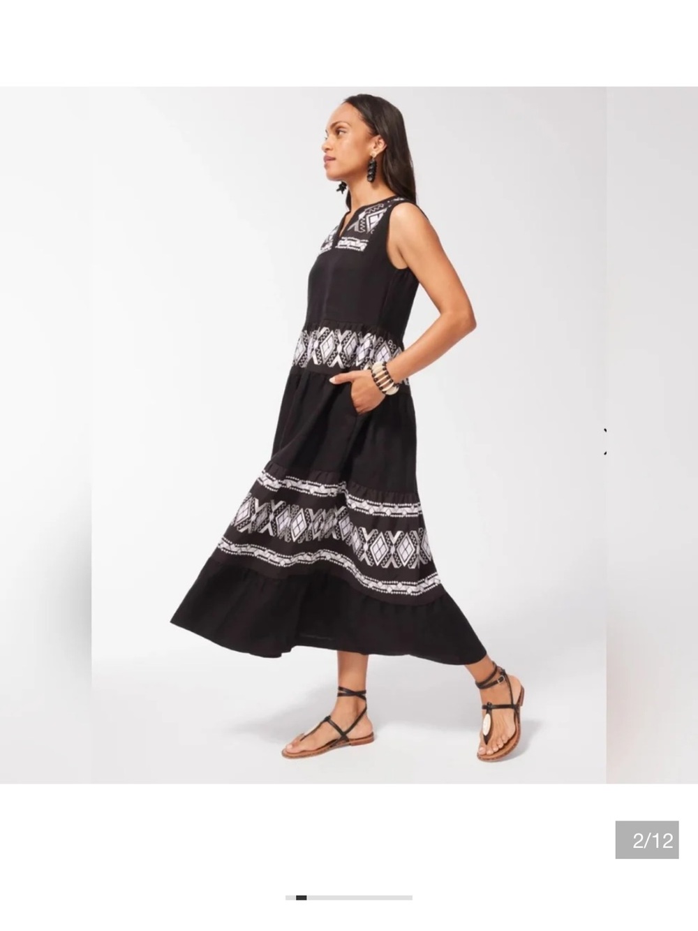 Chico's Black linen Dress w White-silver & black Embroidered Trim,Ruffled,